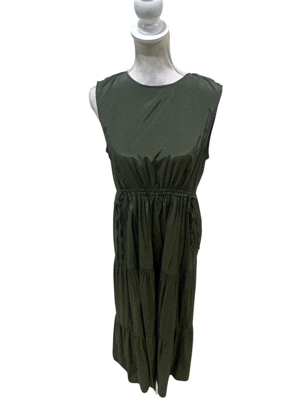 Mango MNG Olive Green Sleeveless Tiered Maxi Dress tie belt lightweight sz small